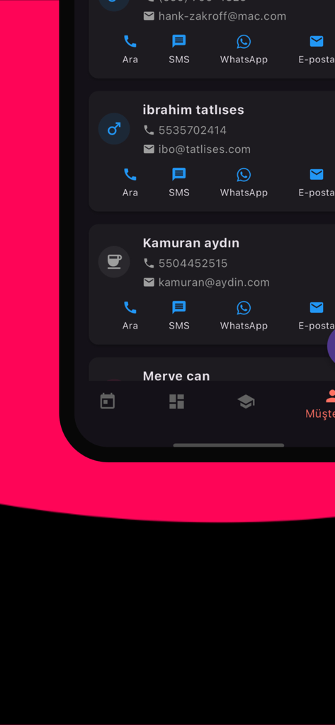 Takvim -  Randevu Takip - A mobile app screen showing a client list with direct buttons for phone calls and messaging