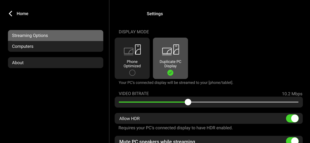 Razer PC Remote Play - Menú de configuración de Razer PC Remote Play que muestra opciones de transmisión y controles de bitrate de video.