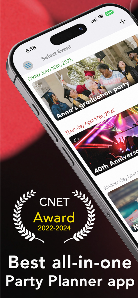 Pro Party Planner - Pro Party Planner app on iPhone displaying the event selection screen and a CNET Award badge for best all in one party planner app