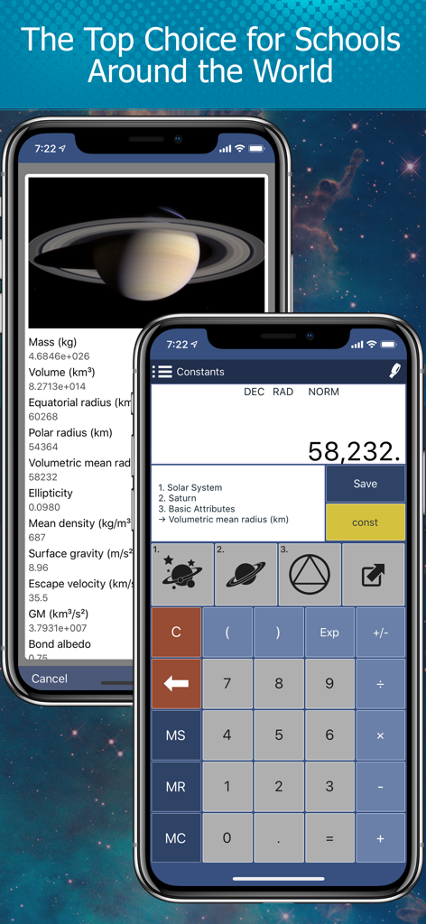 Calc Pro - The Top Calculator - Scientific calculator interface showing planetary constants and Saturn data