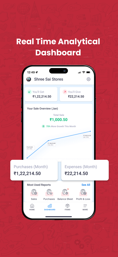 Vyapar - Billing & Accounting - App mobile Vyapar che mostra una dashboard analitica in tempo reale con panoramica delle vendite e grafici di crescita