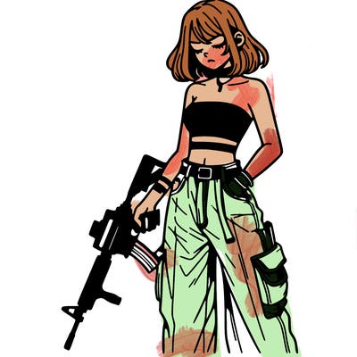 a dangerous girlcrop top and baggy jeans with a rifle in her hand