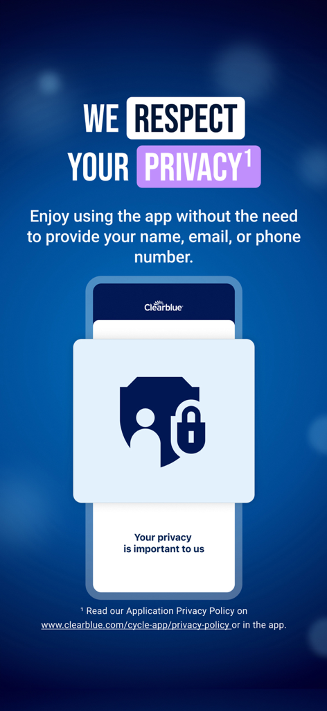 Period-Tracker - Clearblue Period Tracker app screen emphasizing user data privacy and anonymous usage.