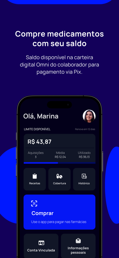 Omni Saúde App - Omni Saudeアプリのインターフェースに、薬剤購入のためのデジタルウォレット残高が表示されているスクリーンショット。