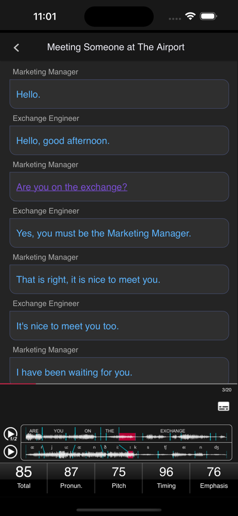 MyET app interface showing airport dialogue practice and speech analysis scores for pronunciation and timing
