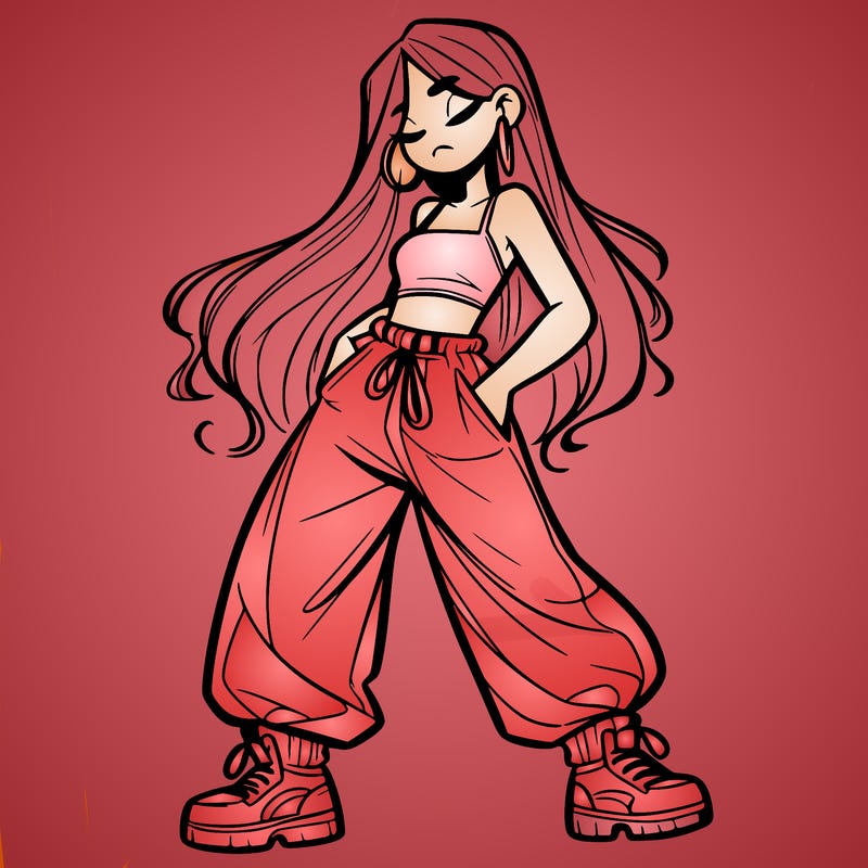 girl in baggy pants crop top and long hair