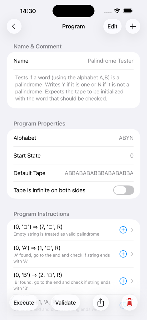 Turing Machine Simulator - Turing Machine Simulator app screen showing program properties and logic instructions for a palindrome tester.