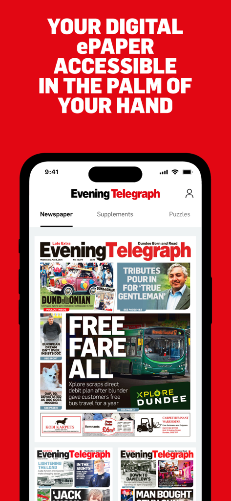 The Evening Telegraph Dundee app displaying a digital ePaper replica of the local newspaper front page on a mobile device