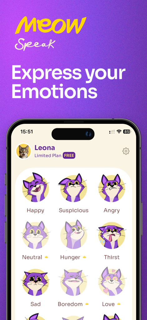 Cat Translator Pet Sounds - Interface do aplicativo MeowSpeak mostrando várias emoções e sons de gatos