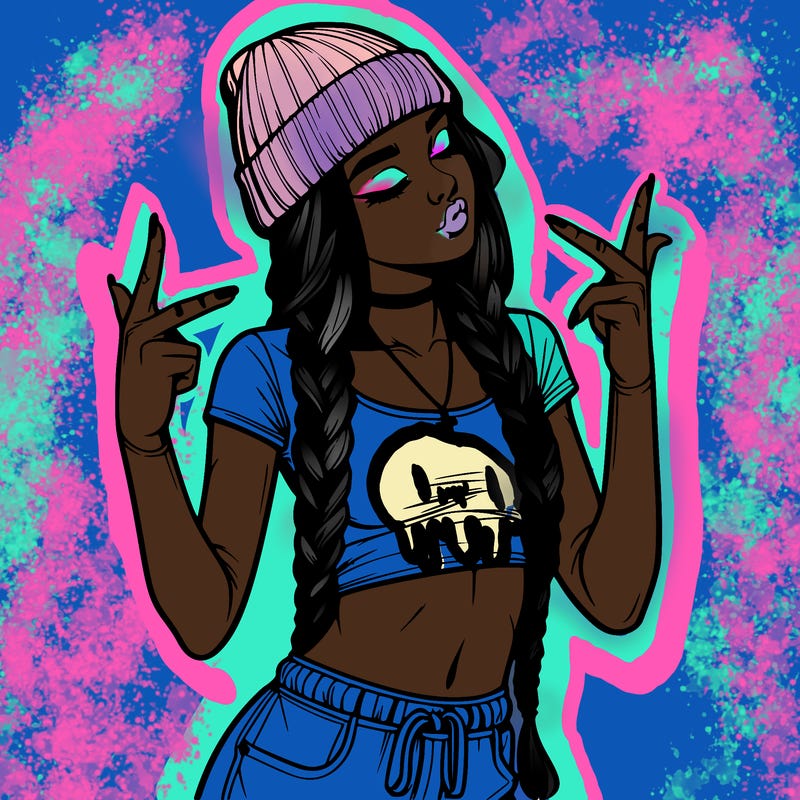 realistic teenage girl with braids and a beanie and crop top doing 🫶🏼