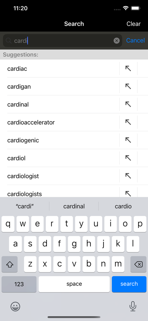 Clinical Anesthesiology, 7/E - Search interface of Clinical Anesthesiology app showing predictive medical term suggestions
