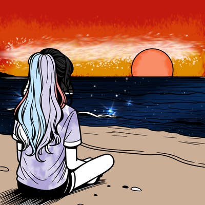 a girl watching the sunset on the horizon at ocean realistic