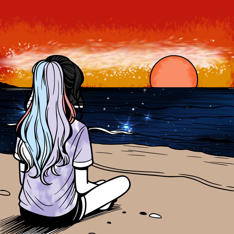 a girl watching the sunset on the horizon at ocean realistic