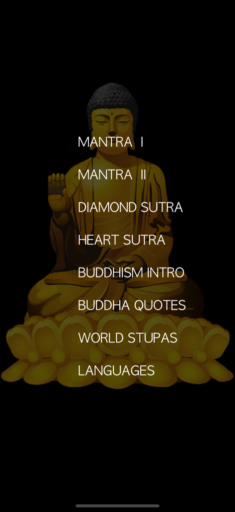 Buddha - Magic Prayer Wheel ! - Main menu screen of the Buddha Magic Prayer Wheel app featuring a golden Buddha statue and links to mantras and sutras