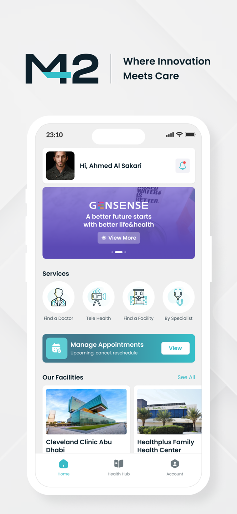 M42 - M42 mobile app home screen showing options for finding a doctor, telehealth services, and managing medical appointments.