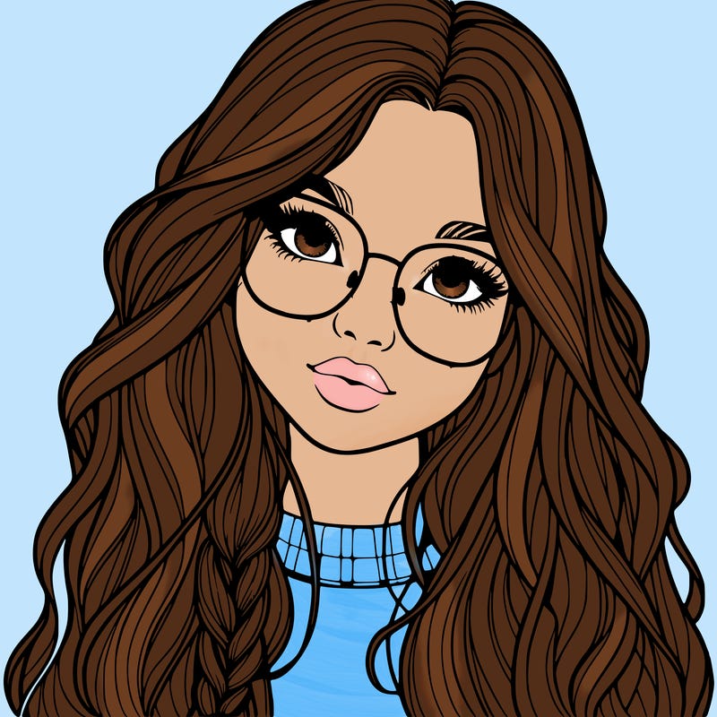 girl with long hair and freckles and glasses realistic