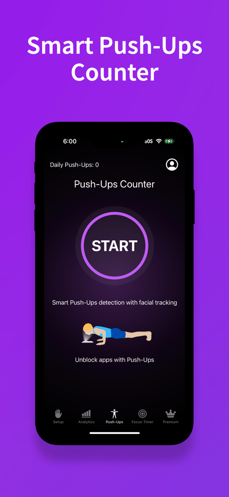 StepBloc: Screen Time Blocker - StepBloc app screen showing the smart push-ups counter feature to unblock distracting apps.