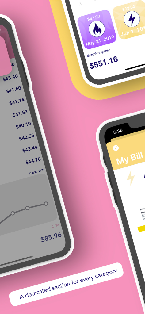 Interface of My Home Bills app displaying organized expense categories and monthly spending charts