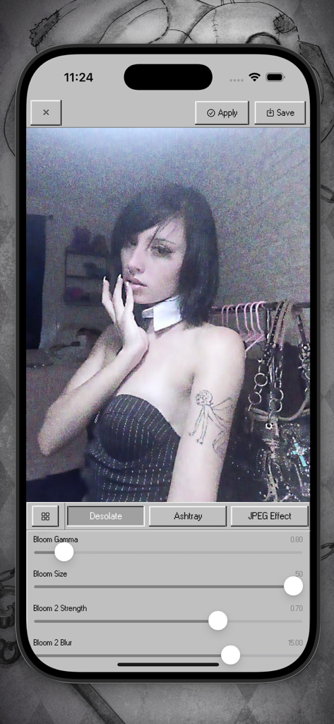 Bleach Bypass mobile app interface showing cinematic filter settings on a portrait.