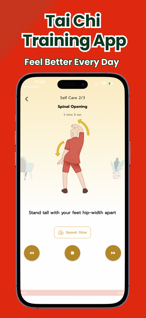 Tai Chi for Beginners Daily - Pantalla de smartphone mostrando un ejercicio guiado de Tai Chi para la apertura de la columna vertebral con una ilustración de personaje.