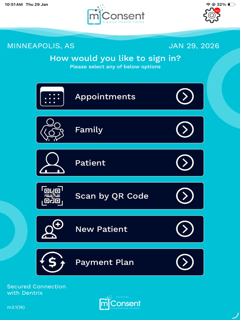 mConsent-DX patient check-in interface with options for appointments family and new patient registration