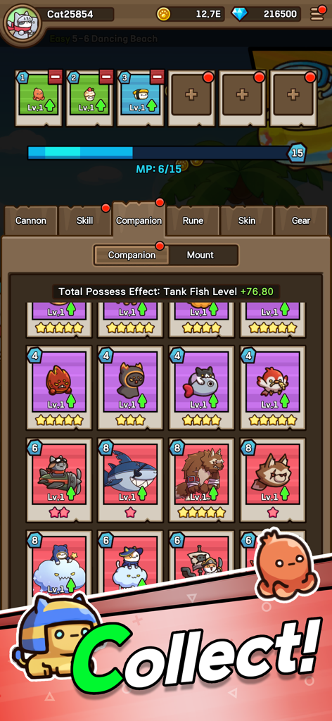 Cat Hero : Idle RPG - Pantalla de colección de compañeros en Cat Hero Idle RPG mostrando varias tarjetas de personajes adorables con un gran botón de Coleccionar
