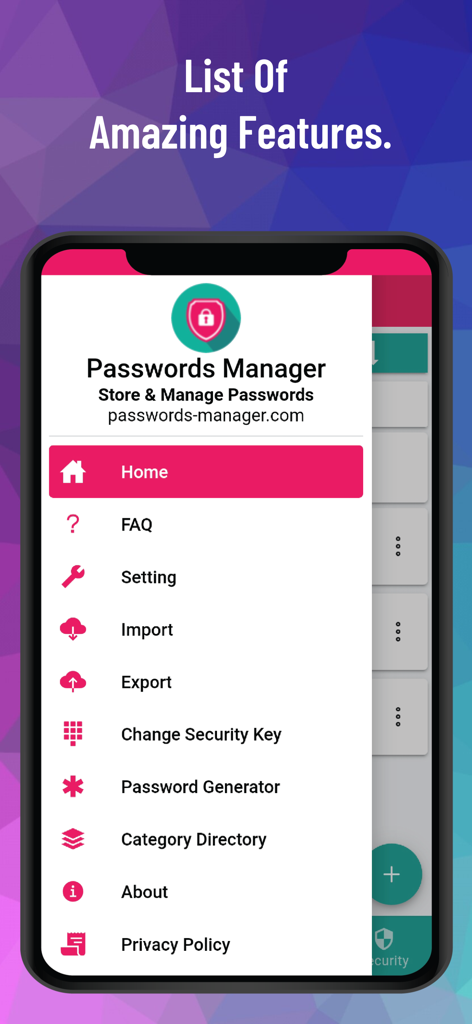 Ecrã de smartphone a mostrar o menu de navegação lateral da aplicação PM Pro Password Manager com várias funcionalidades de segurança.