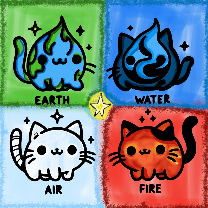 4 cats that represent the different elements, earth, water, air, and fire