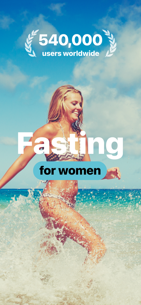A happy woman running through ocean waves on a sunny beach with text highlighting fasting for women and 540,000 users worldwide.