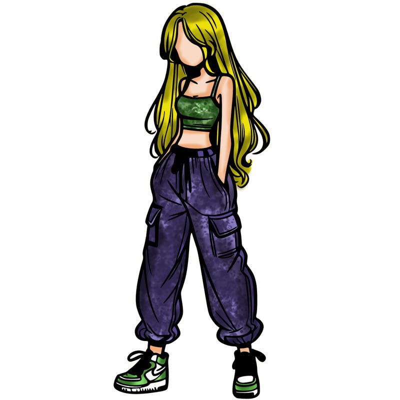 girl in baggy pants crop top and long hair