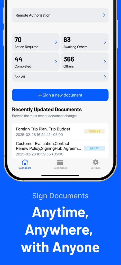 Painel móvel do SigningHub mostrando estatísticas de assinatura de documentos e documentos recentes