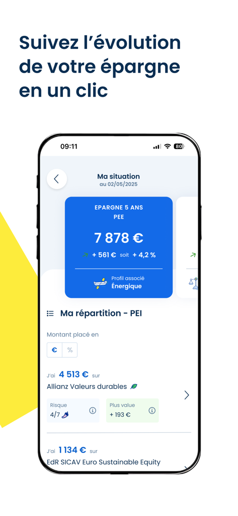 Epsor - Mobile view of Epsor app displaying employee savings account balance and sustainable investment funds