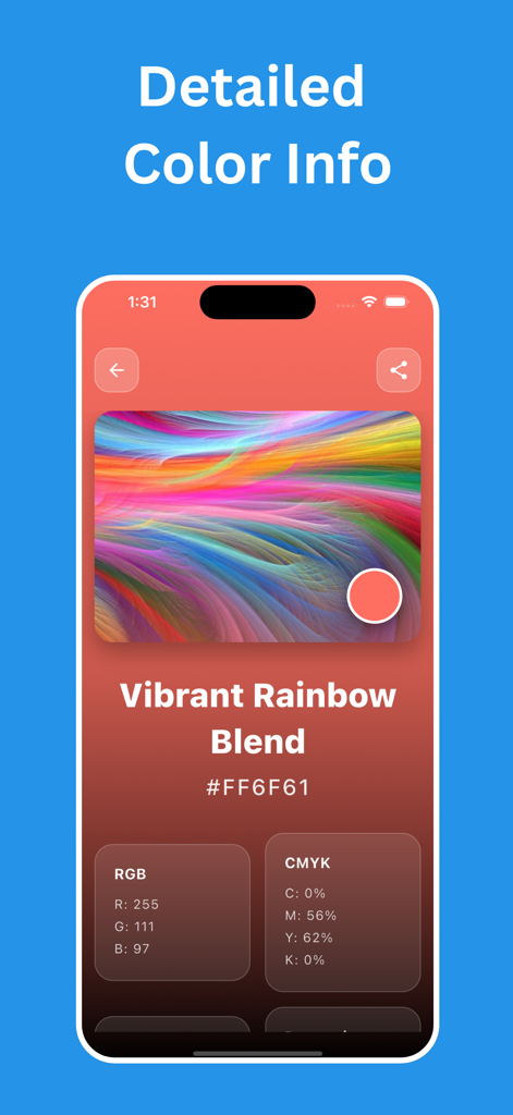 Color Identifier 앱에서 선택한 산호색 음영에 대한 HEX RGB 및 CMYK 값을 보여주는 상세 색상 정보 화면