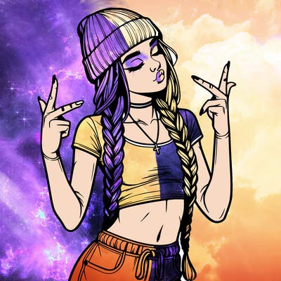 realistic teenage girl with braids and a beanie and crop top doing 🫶🏼