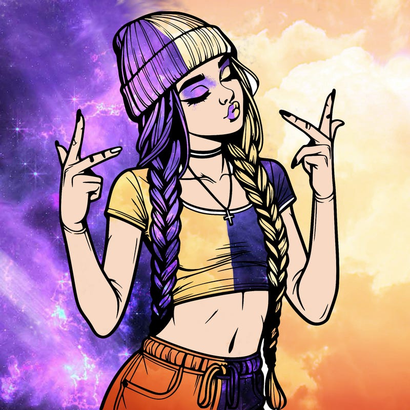 realistic teenage girl with braids and a beanie and crop top doing 🫶🏼