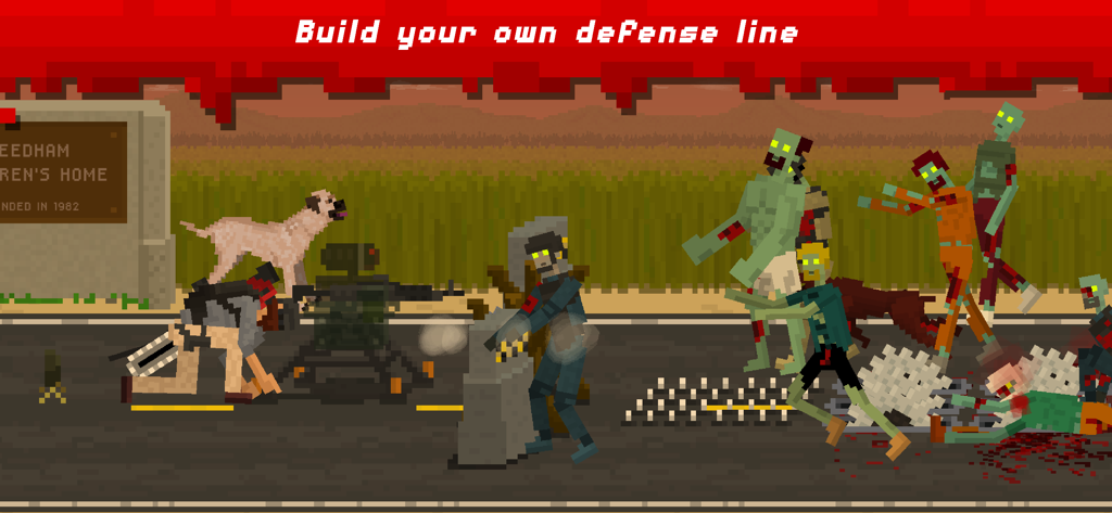 They Are Coming Zombie Defense - Gameplay in pixel art che mostra sopravvissuti che costruiscono una linea di difesa con torrette e trappole contro un'orda di zombi