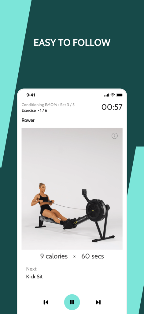 Train With Cass - A woman performing a rowing exercise in the Train With Cass app workout interface