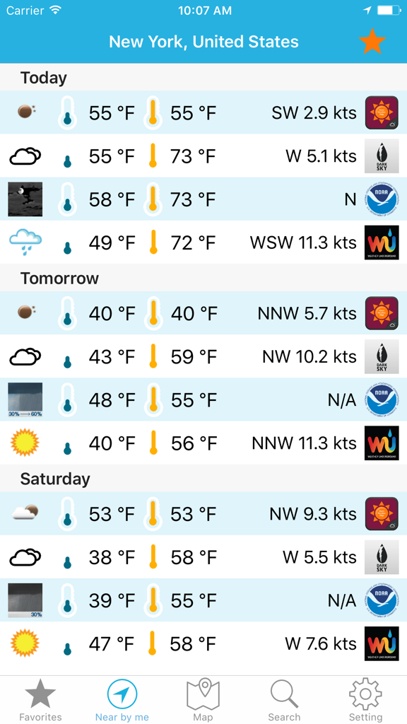ニューヨーク市のためのNOAA、DarkSky、およびWeather Undergroundからの技術的データを示す比較気象予報インターフェース