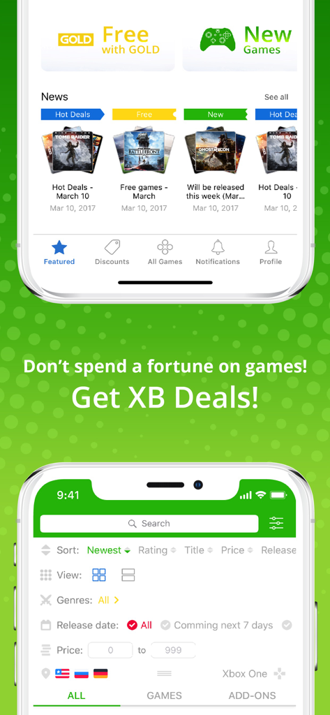 XB Deals app screenshots showing Xbox game news and advanced search filters for discounts