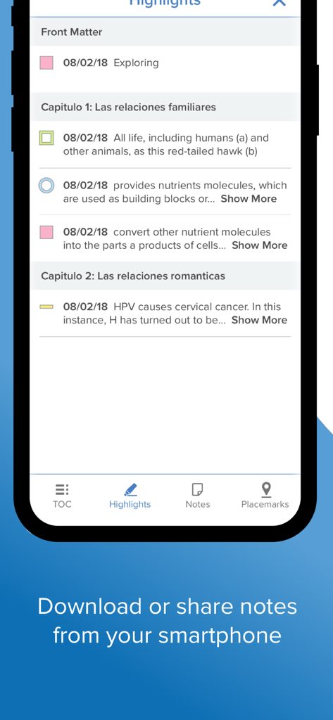 Ein Smartphone zeigt Lehrbuch-Hervorhebungen und Lernnotizen in der ReadAnywhere-App.