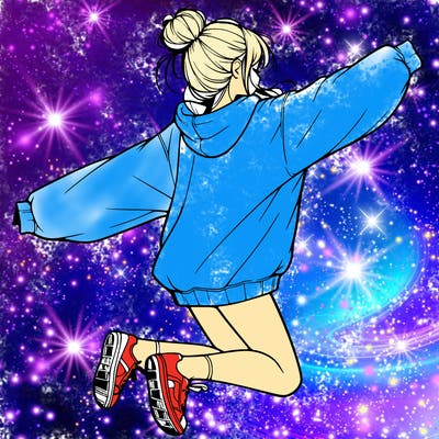 realistic girl jumping with a bun and oversized sweatshirt