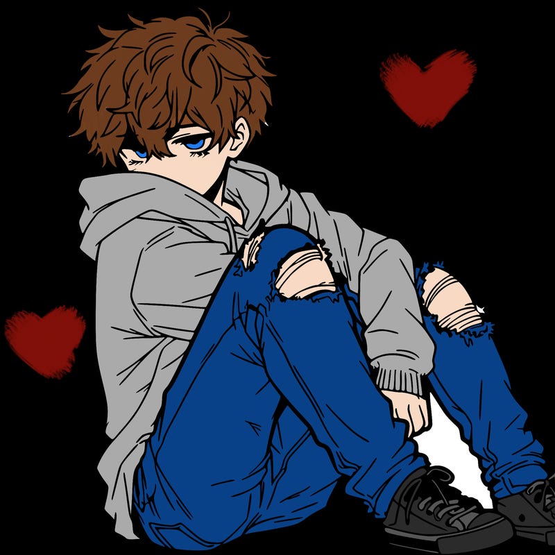 a male hoddie ripped jeans messy hair anime