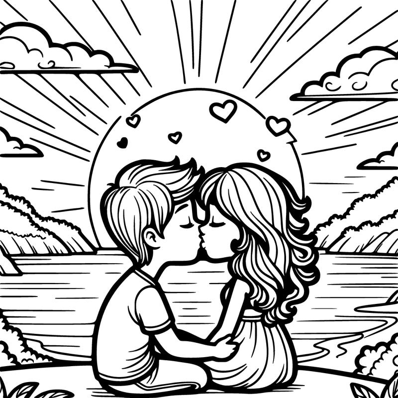 a sunset with two lovers kissing