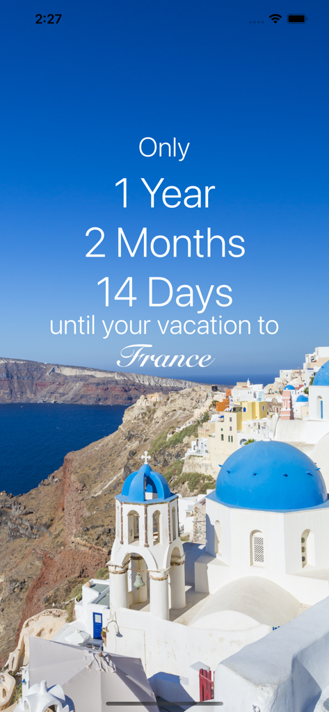 Bildschirm der Urlaubs-Countdown-App, der über ein Jahr bis zu einer Reise nach Frankreich mit einem malerischen mediterranen Hintergrund anzeigt