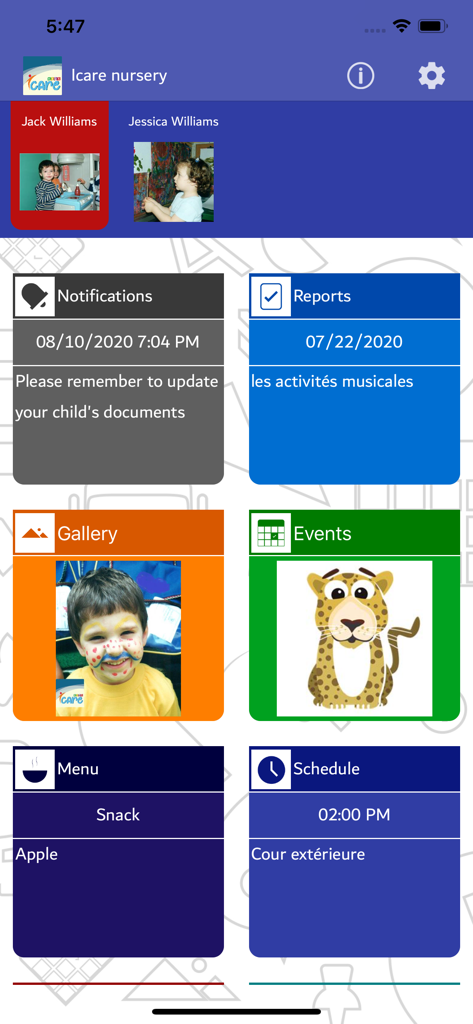 iCare Kids - iCare Kids mobile App Dashboard mit Galerie für Berichte aus dem Kinderzimmer und Tagesplan