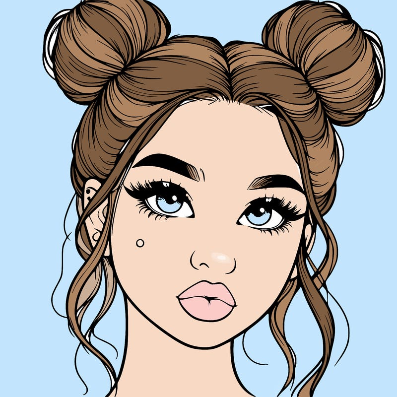 realistic girl with two buns on her hair and lips