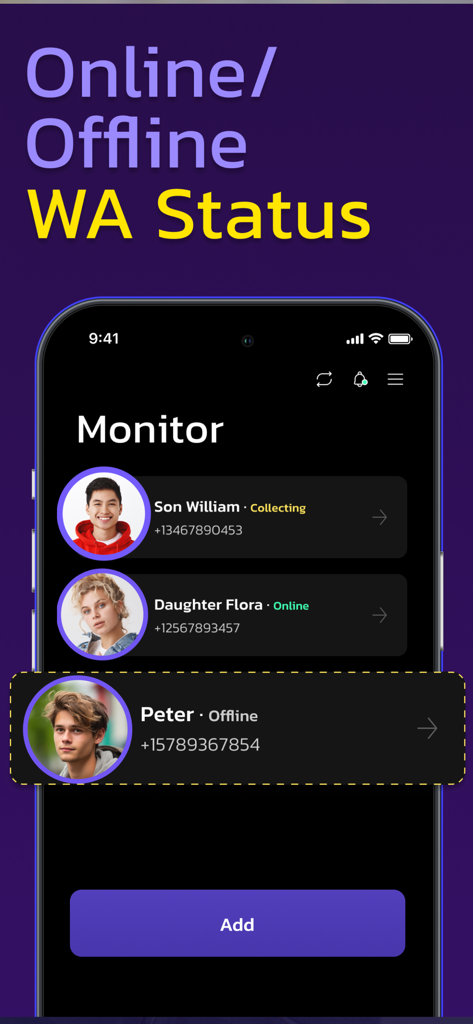 Kiddy-App-Oberfläche, die den Online- und Offline-WhatsApp-Status für Familienkontakte anzeigt