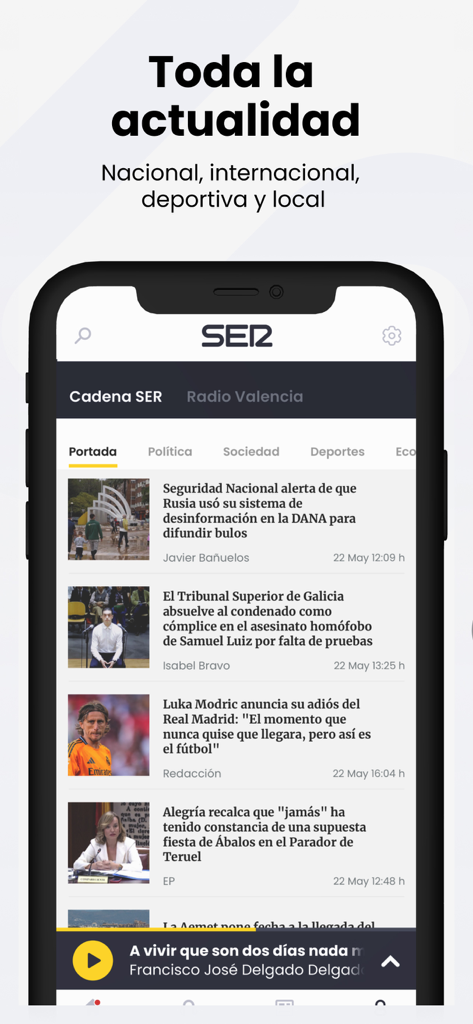Cadena SER Radio app interface displaying a news feed with articles on national and international topics.