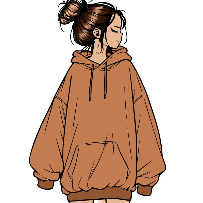 realistic girl with a oversized sweatshirt on and a bun