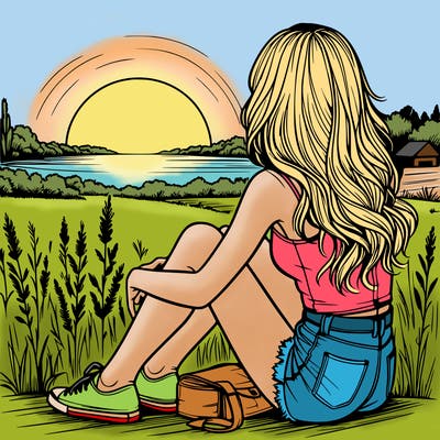 realistic girl sitting and watching the sunset